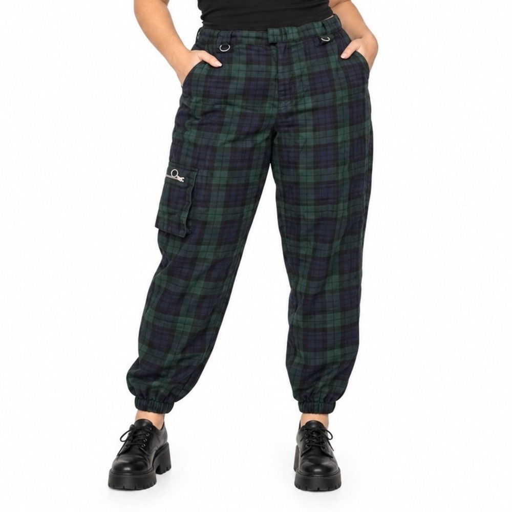 Hot Topic Plaid Joggers Women 16 Green Black Watch Cargo D-Ring Punk Grunge
